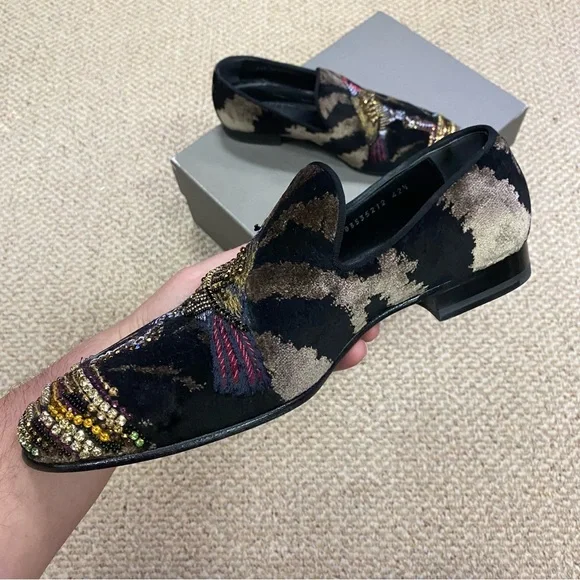 ALEXANDER MCQUEEN Bead & Crystal Embellished Bird Velvet Zebra Print Slippers - Picture 10 of 16